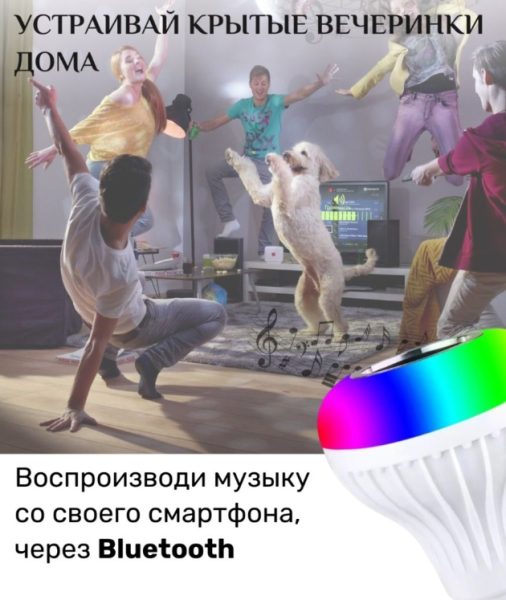 Музыкальная мульти RGB лампа колонка Led Music Bulb с пультом управления / Умная Bluetooth лампочка 16 цветовых эффектов